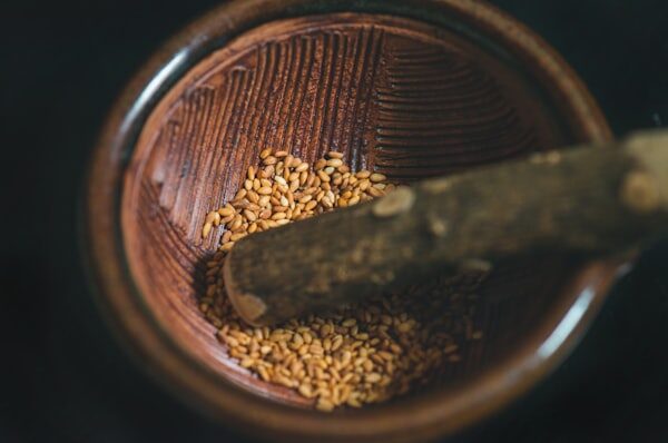 Close up of brown seeds in a bowl
