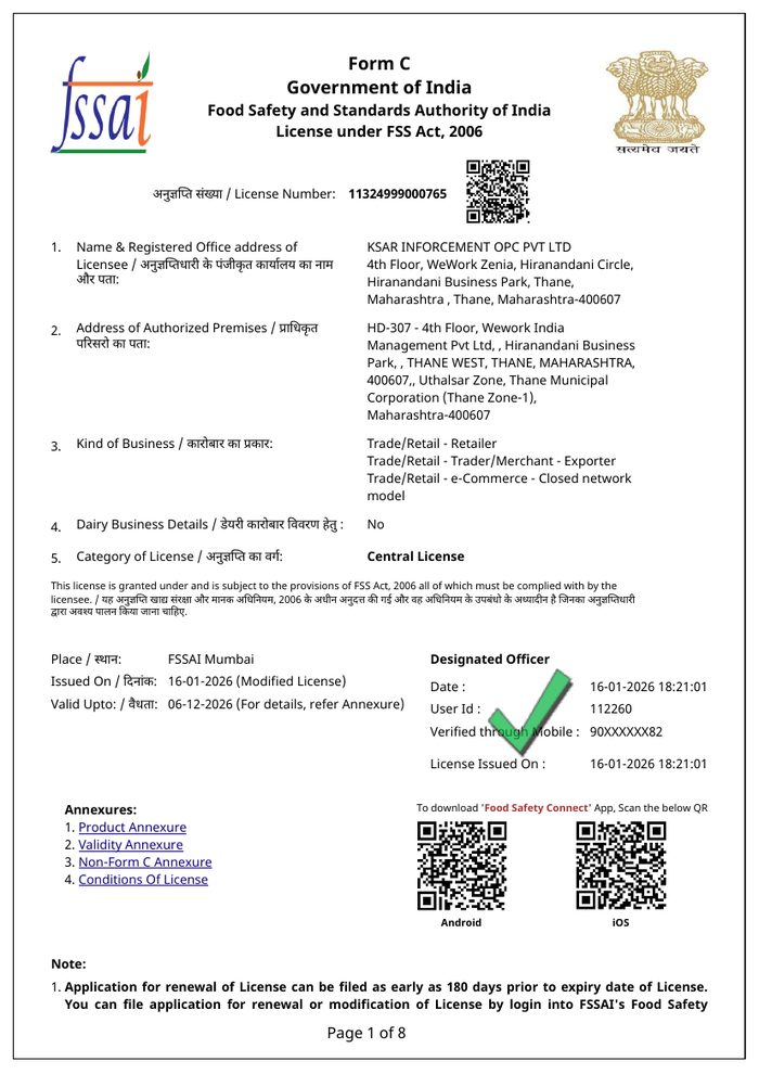 FSSAI license certificate