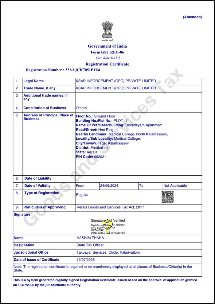 GST registration certificate for Kerala