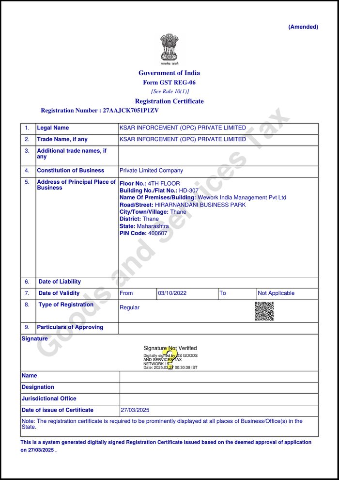 GST registration certificate for Maharashtra