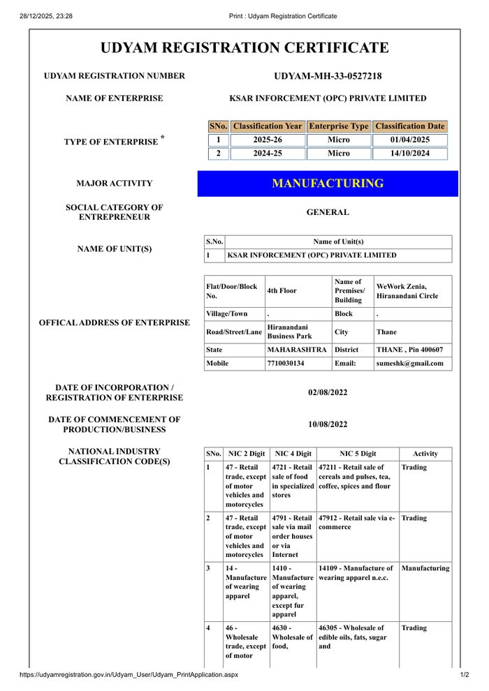 MSME Udyam registration certificate