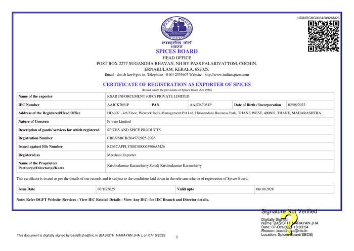 Spices Board RCMC certificate
